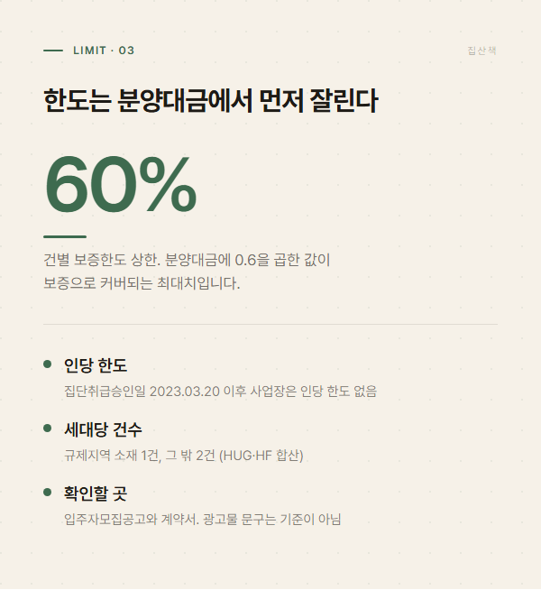 건별 보증한도 60퍼센트와 인당 한도, 세대당 건수 기준을 정리한 그래픽
