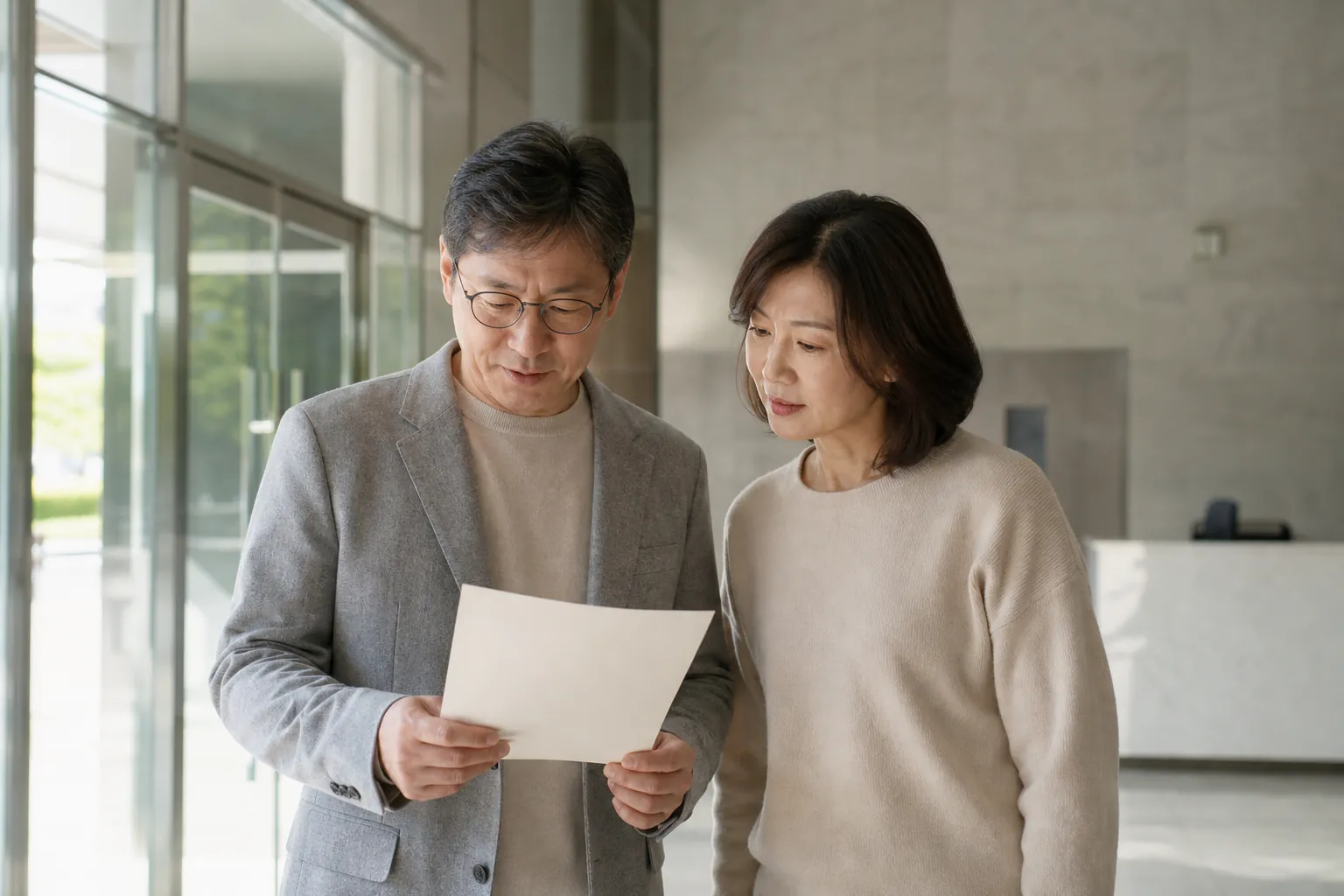 입주자모집공고와 계약서에서 관리비 항목을 확인하는 모습 (연출 예시)