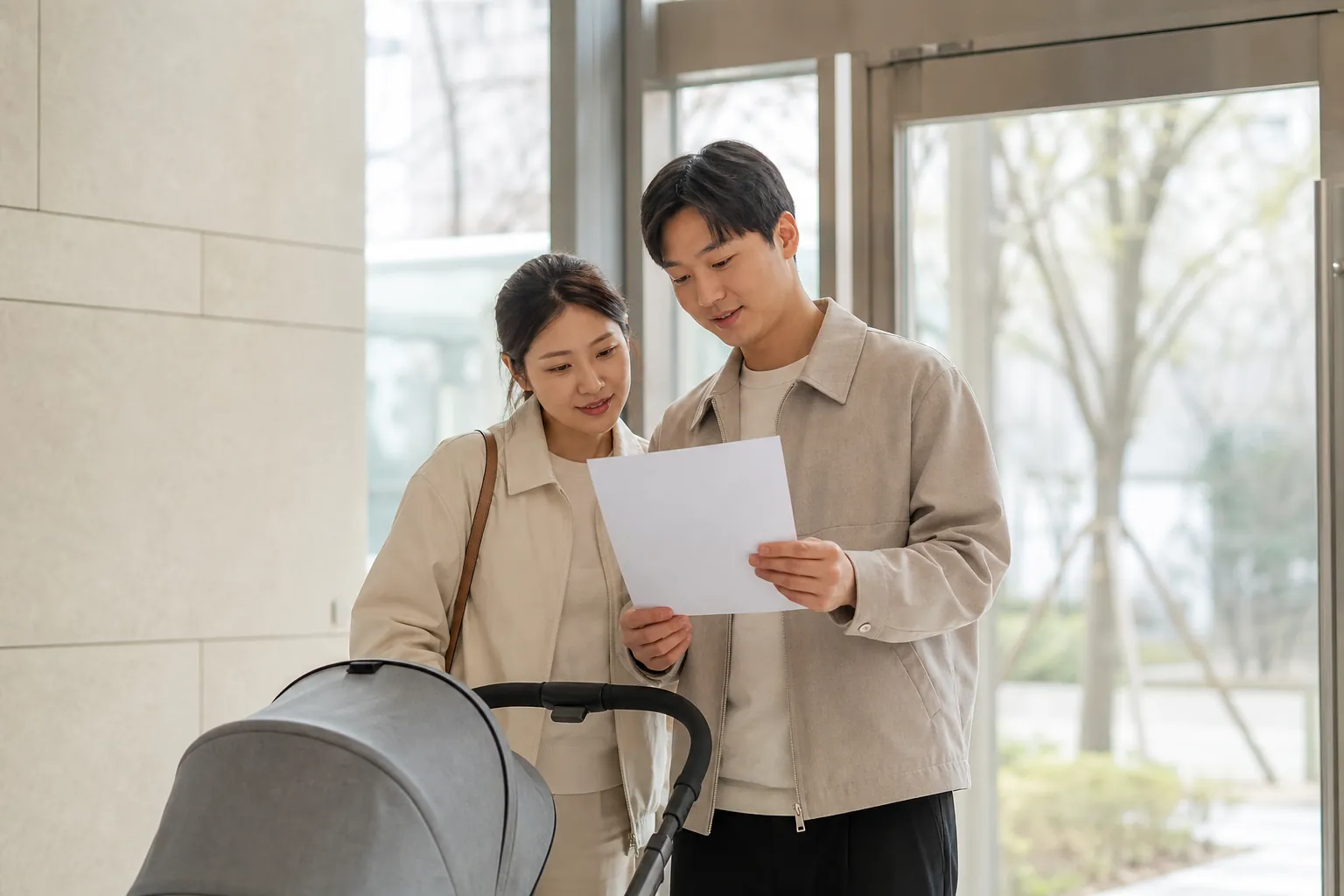 건물 입구에서 안내문을 함께 확인하는 모습 (연출 예시)