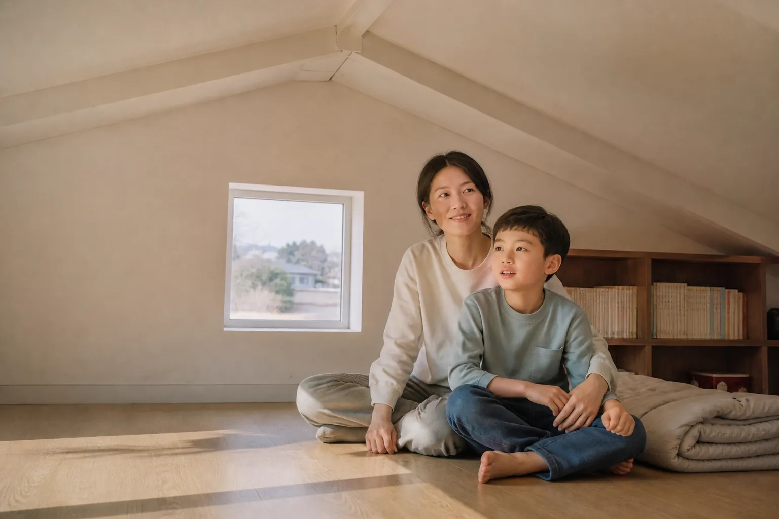 경사 천장이 있는 다락 공간에서 시간을 보내는 모습 (연출 예시)