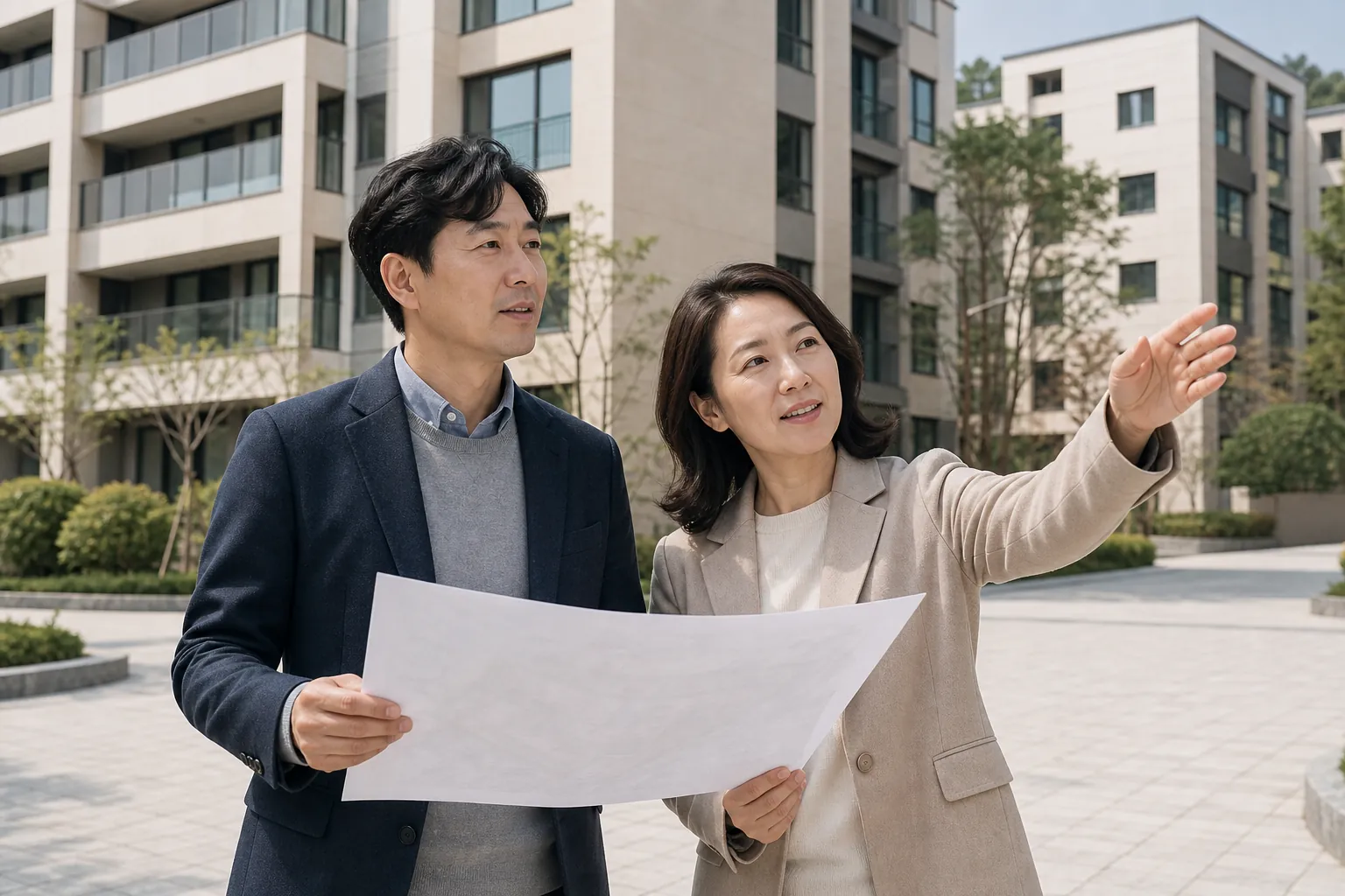 준공된 주거 단지 앞에서 배치도를 함께 보며 확인하는 모습 (연출 예시)